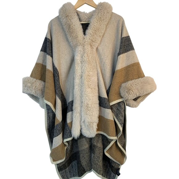 Womens Cliche Plaid Faux Fur Trim Blanket Poncho Tweed S/M RR10731 EUC - Picture 1 of 12